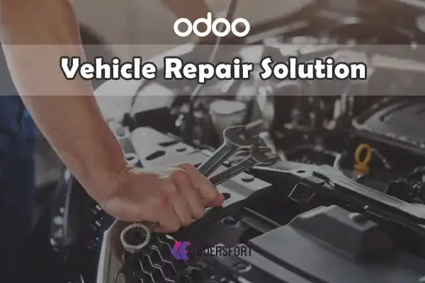 Odoo vehicle repair dashboard showcasing booking options, inspection checklists, and vehicle management features.